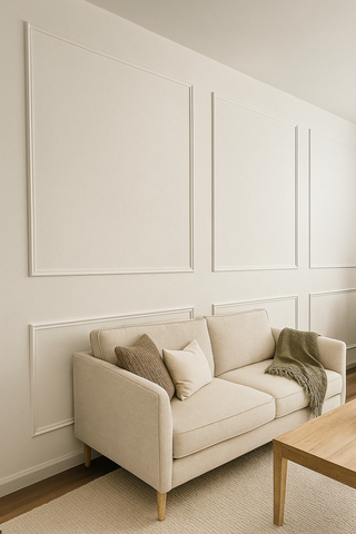 Boho soft white wall molding panel in minimalist living room  – Ulu Boheme
