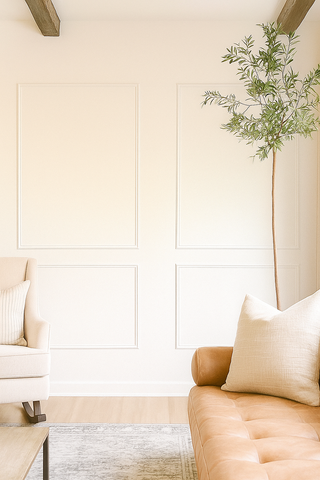 Boho beige wall molding panel in modern natural living room – Ulu Boheme
